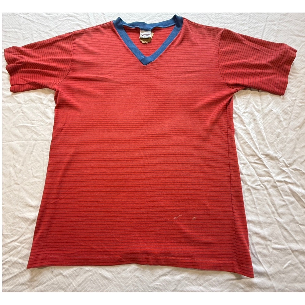 Vintage Valiant Striped V-Neck T-Shirt Mens Large Red Blue 50/50 Made in USA